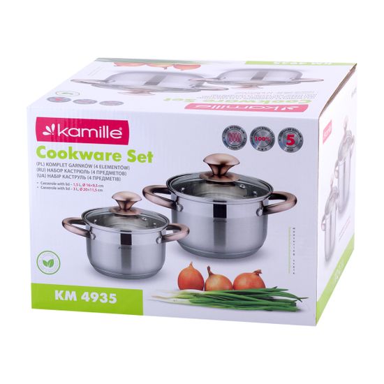 Набор кастрюль 4 предмета Kamille KM 4935 (1,5 л; 3 л.) из нержавеющей стали с ручками под медь