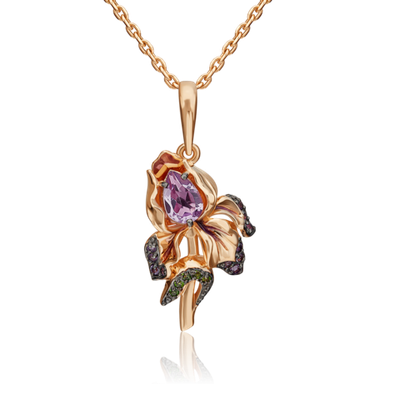 Подвеска «Ирис» из красного золота с аметистами, хромдиопсидами и эмалью