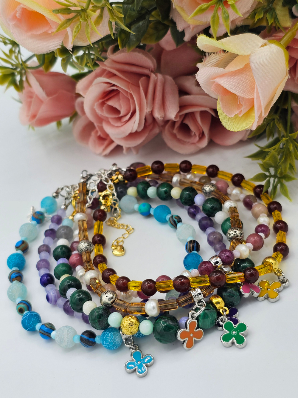 Анклет авторский ручной работы из натуральных камней "Радуга. Голубой"