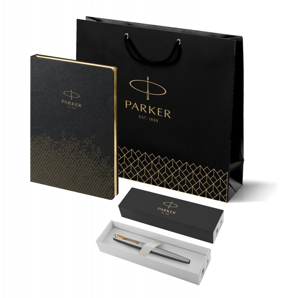 Подарочный набор: Ручка перьевая Parker Jotter Stainless Steel GT, Mblue и Ежедневник  недатированный, чёрный