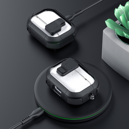 Прозрачный чехол черного цвета от Dux Ducis для наушников AirPods 4, серия PECN Series, в комплекте с карабином