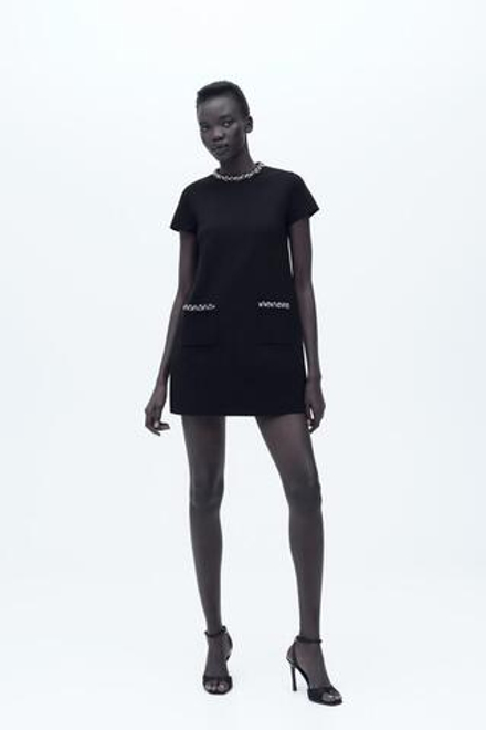 ZARA ТРИКОТАЖНОЕ МИНИ-ПЛАТЬЕ С БУСИНАМИ И СТРАЗАМИ, ЧЕРНЫЙ
