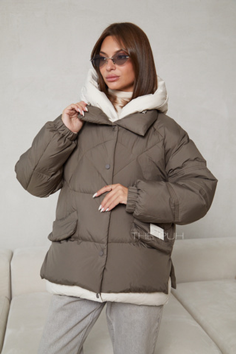 Хаки-бежевый пуховик-трансформер