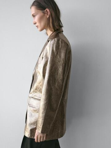 Massimo Dutti Блейзер из металлизированной кожи наппа, золотой