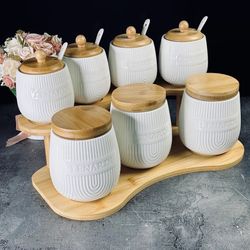 Lenardi 140-075 Набор из 3 банок 630мл,4 банок 350мл с ложками на подставке BAMBOOв под.уп.(х6)Фарфор,бамбук