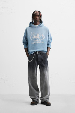 ZARA УКОРОЧЕННАЯ ТОЛСТОВКА ИЗ ТКАНИ С ЭФФЕКТОМ ПОТЕРТОСТИ, СИНИЙ