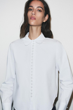 ZARA РУБАШКА ИЗ ПОПЛИНА С БУСИНАМИ, БЕЛЫЙ