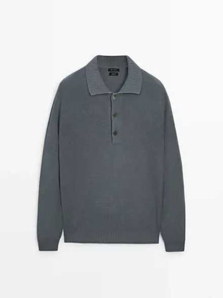 Massimo Dutti Хлопковый свитер с воротником поло, синеватый