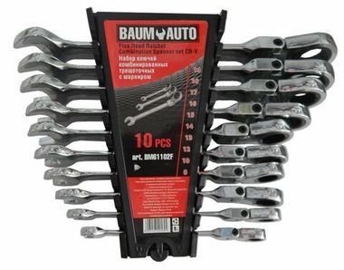 Набор ключей комбинированных трещоточных с шарниром 10пр. (8,10,12-19мм) в пласт. держателе BaumAuto BM61102F