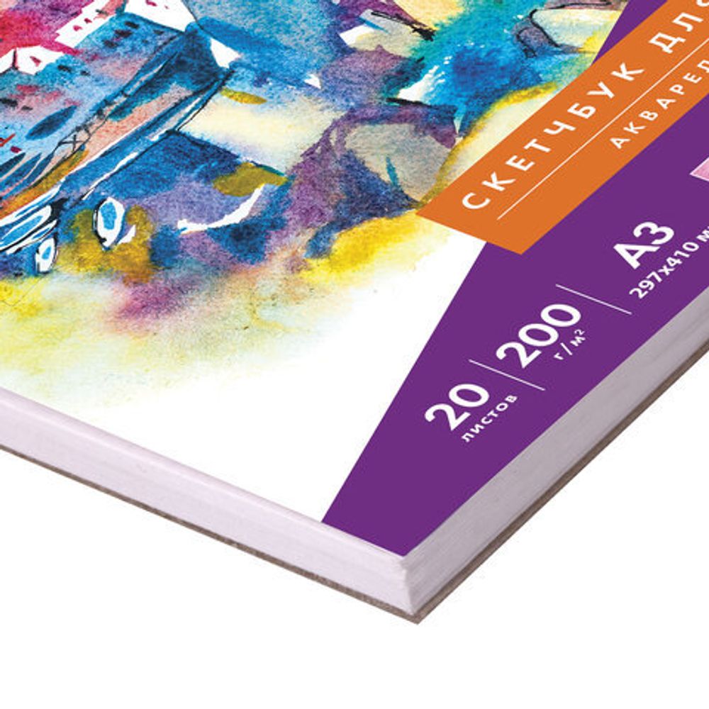 Скетчбук, акварельная белая бумага 200г/м ГОЗНАК, 297х410мм, 20л,гребень подложка BRAUBERG ART DEBUT, 110990