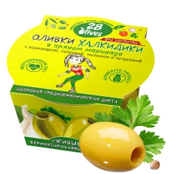 Оливки Халкидики без косточки в пряном маринаде с кориандром и паприкой 28Olives, 150 г, упаковка с оливкой