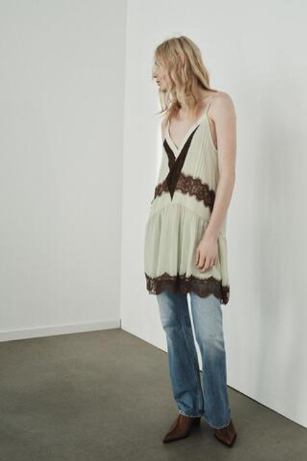 ZARA КОРОТКОЕ КОМБИНИРОВАННОЕ ПЛАТЬЕ С КРУЖЕВОМ, КОРИЧНЕВЫЙ/ЗЕЛЕНЫЙ