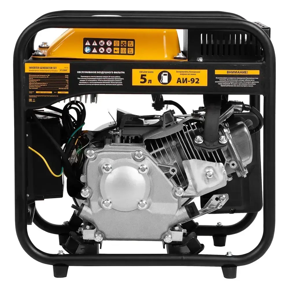 Генератор инверторный DENZEL GT-3500iF, 3.5 кВт и 212 см3 объем двигателя, 230 В и 5 л объем топливного бака, ручной стартер, 2 розетки 16 А и выход постоянного тока 12В 94705