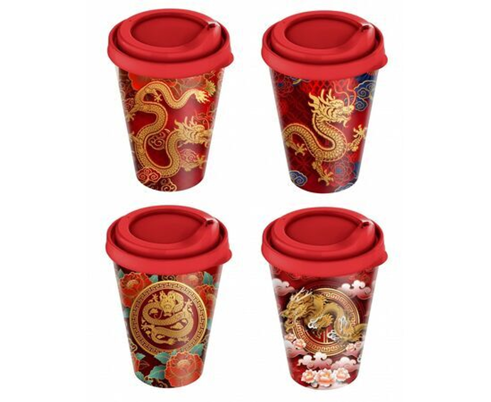 Стакан с крышкой 420мл с декором (черный)