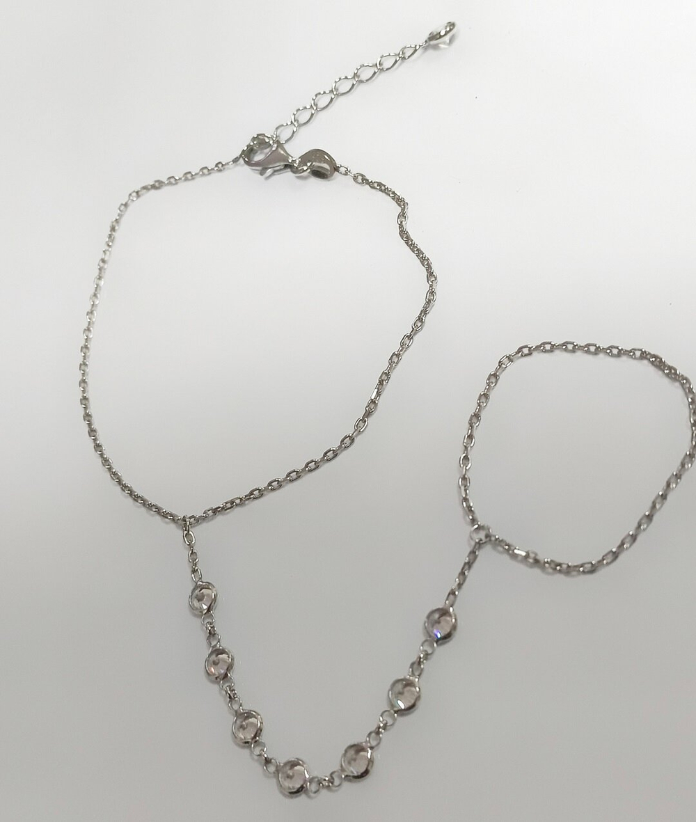 Ювелирный браслет на запястье и палец,серебро,фианиты