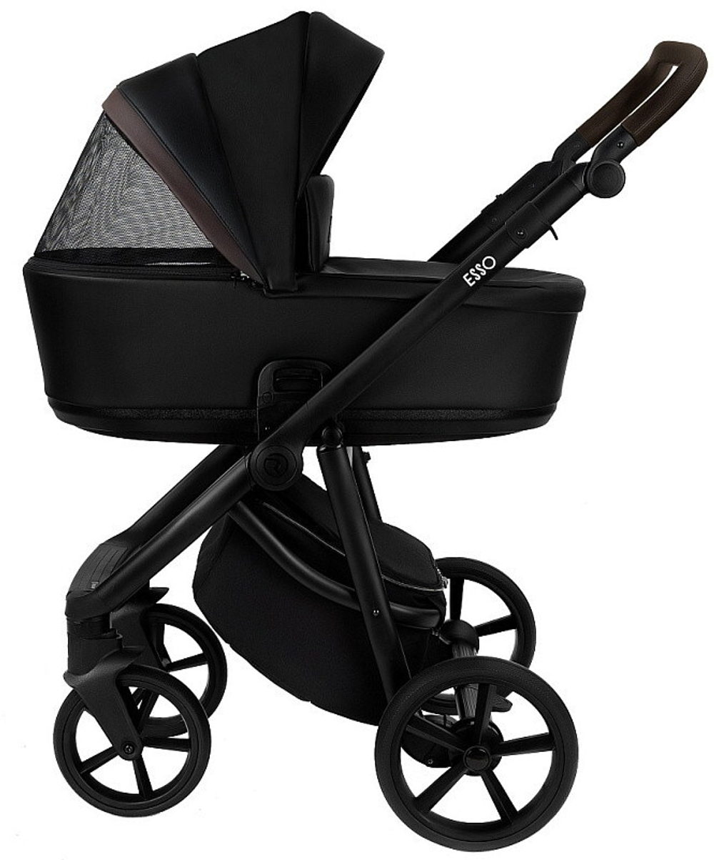 Детская коляска Roan Esso 2025 Кожа 3 в 1 с автокреслом Tutis Elo Lux EduSky Black ESSK/210/1 Black /Black/руч.Тем.коричневый
