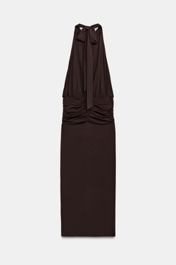 ZARA ПЛАТЬЕ ХАЛТЕР СО СБОРКАМИ, КОРИЧНЕВЫЙ