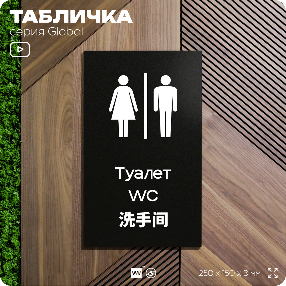 Табличка Женский туалет, на дверь и стену, информационная и мультиязычная (русский, английский, китайский), серия GLOBAL, 25х15 см, Айдентика Технолоджи