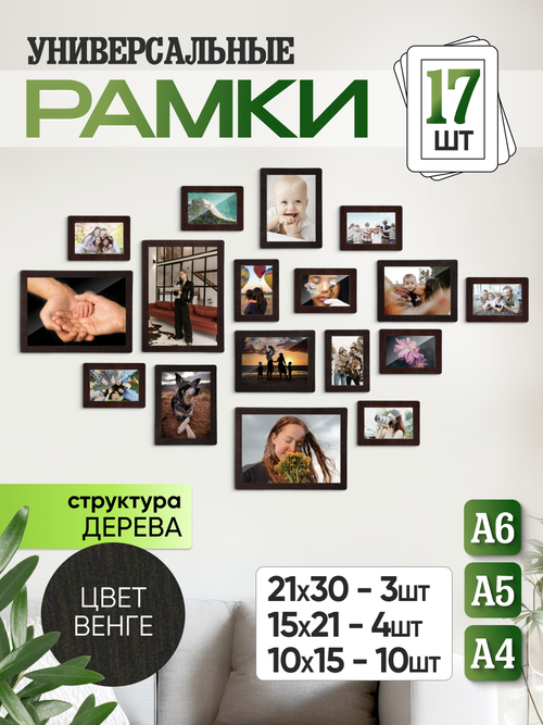 Набор фоторамок 17 в 1 (3 больших, 4 средних, 10 маленьких), Венге