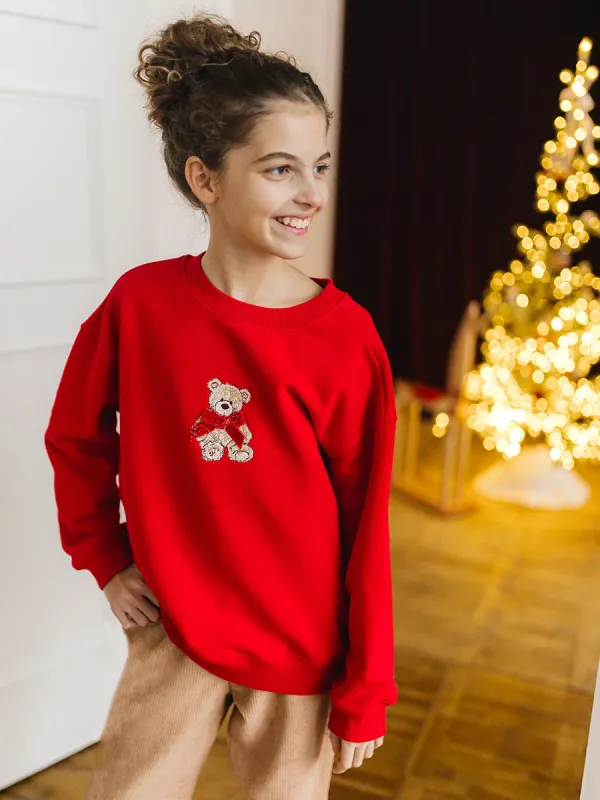 Красный свитшот 6493 для девочки с вышивкой медвежонка на девочке, мелкий и крупный опт