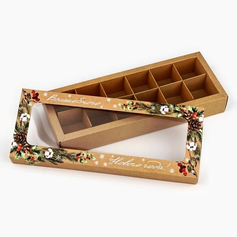Коробка для 12 конфет Новогодняя ботаника, 26.5 х 10.5 х 3.5 см