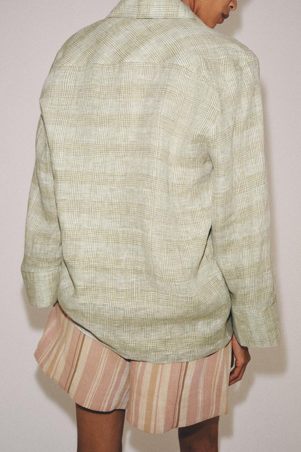 ZARA РУБАШКА ИЗ ЛЬНА В КЛЕТКУ — ZW COLLECTION, ЗЕЛЕНЫЙ