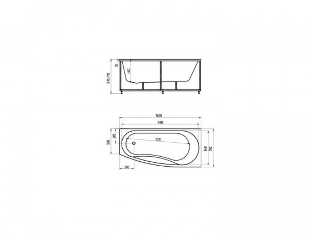 Ванна акриловая асимметричная ПАНДОРА 160х75 AQUATEK (с каркасом и фронтальной панелью)