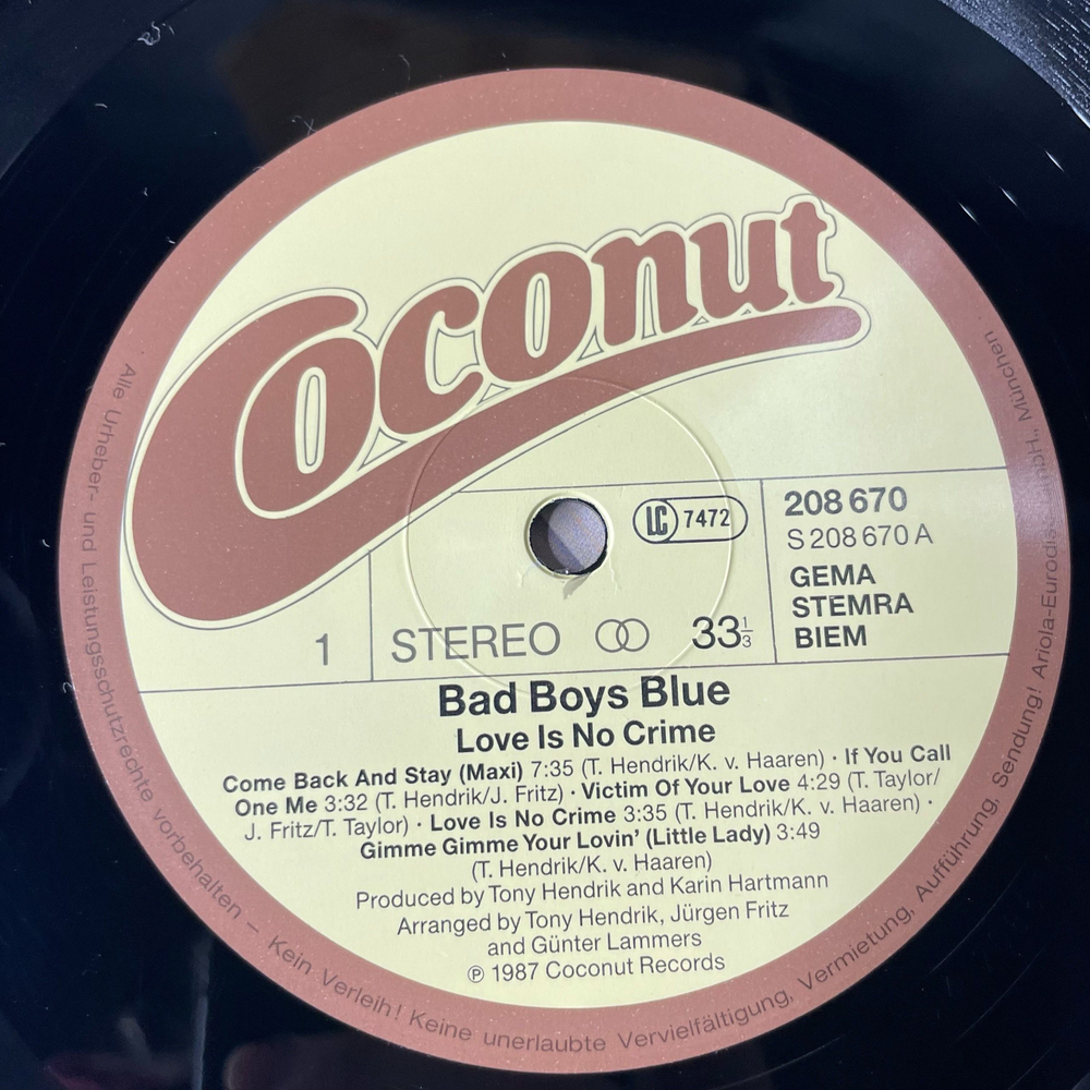 Винтажная виниловая пластинка LP Bad Boys Blue Love Is No Crime (Германия 1987)
