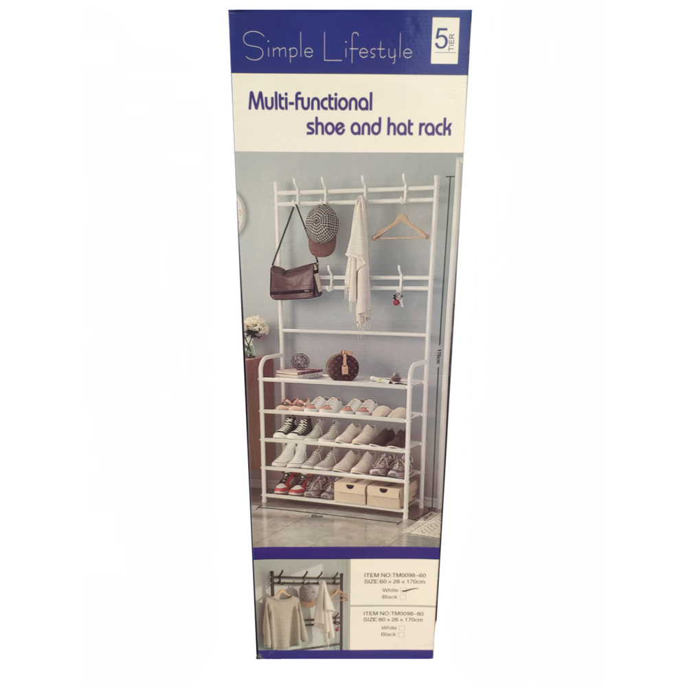 Напольная вешалка для одежды, с этажеркой для обуви 2в1 "Multi-functional shoe and hat rack" 5ярусов - 60×26×170 / 80х26х170см
