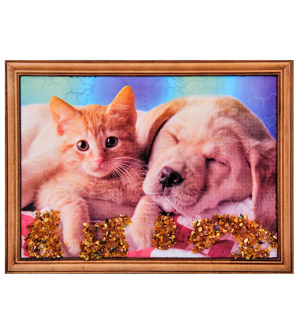 AMB-71/60 Картина «Щенок с котенком» (с янтарной крошкой) дер.краш.рамка 21х30