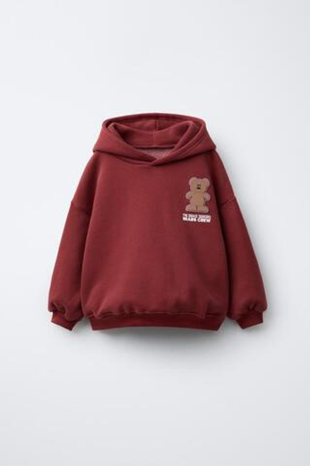 ZARA ХУДИ С КАПЮШОНОМ И ПРИНТОМ «МЕДВЕДЬ», ТЕМНО-ГРАНАТОВЫЙ