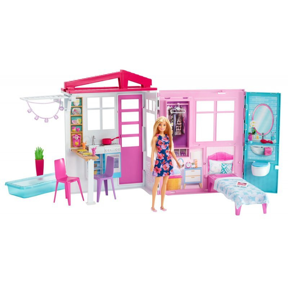 Кукла Mattel Barbie Дом раскладной с куклой и мебелью, одноэтажный, FXG55