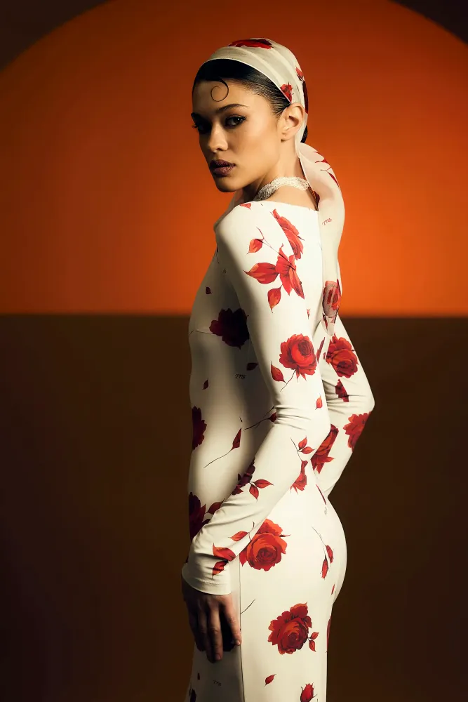 Нэтти макси (Netty maxi), платье макси с длинным рукавом из молочного бифлекса с цветочным принтом