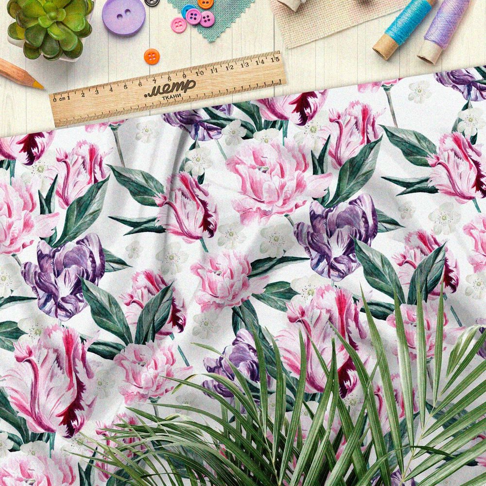 Ткань бифлекс нежные пионы на бежевом фоне