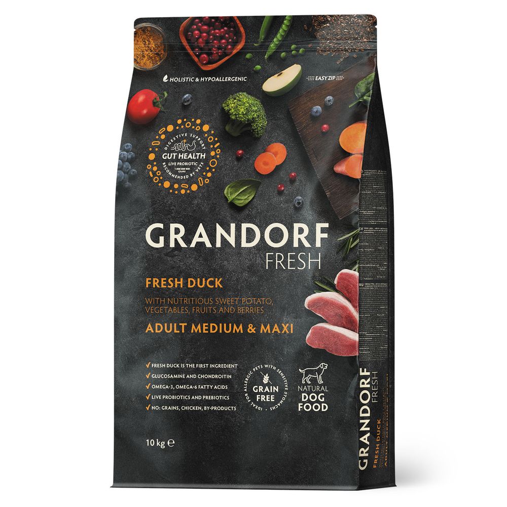 Беззерновой корм с живыми пробиотиками GRANDORF Fresh Dog Adult MED&amp;MAXI Duck&amp;Sweet Potato cвежее мясо утки с бататом 10 кг