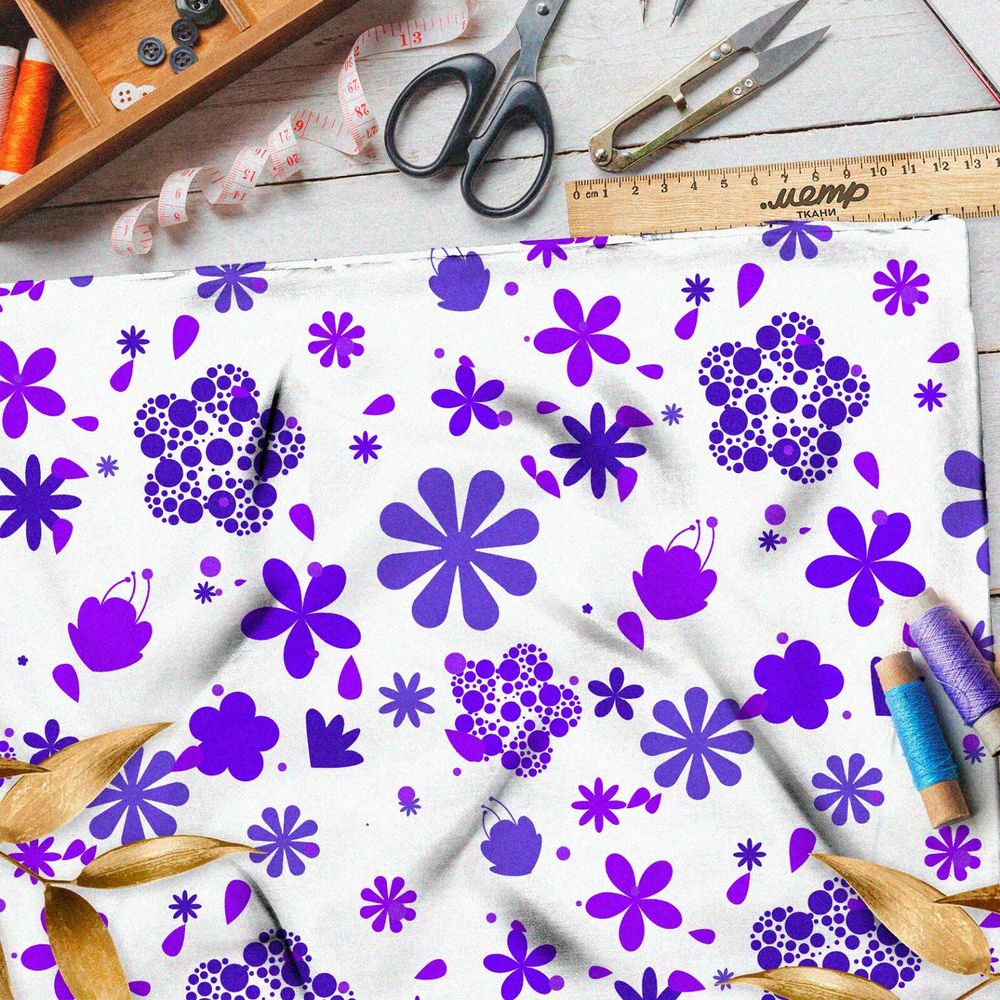 Ткань лён сиреневые цветы на белом фоне