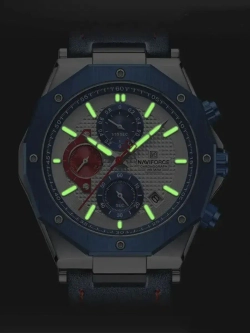 Часы наручные кварцевые NAVIFORCE на кожаном ремешке, серебристый/синий W8750-01