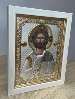 Спаситель, икона прямоугольная в рамке под стеклом, белое дерево 232х280