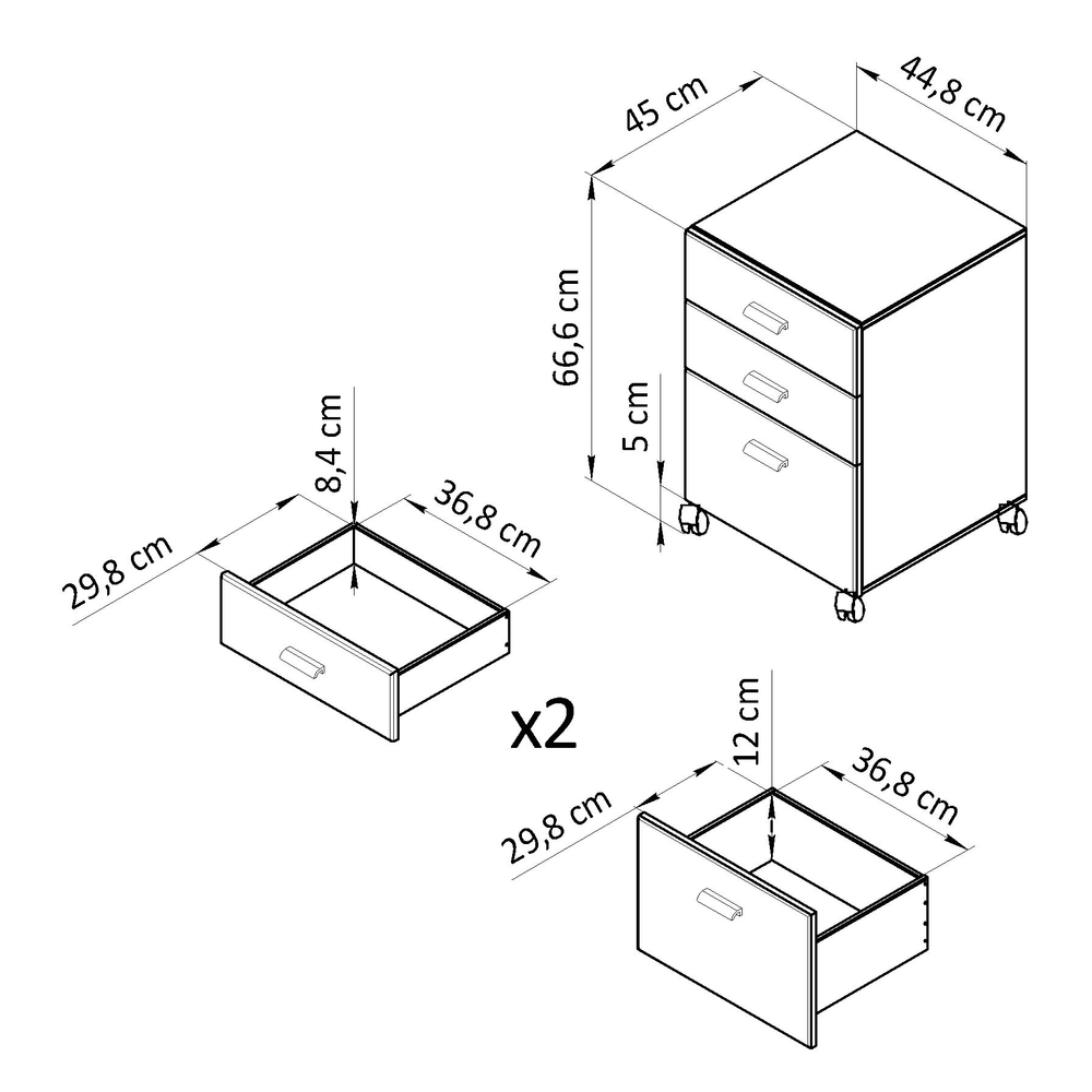 Тумба 45х45х67, Мадейра, офисная, прикроватная, на колесиках, под стол, с ящиками, деревянная, серый, Dipriz