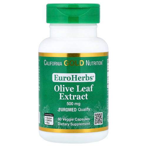 California Gold Nutrition, EuroHerbs™, экстракт листьев оливкового дерева, качество Euromed, 500 мг, 60 растительных капсул