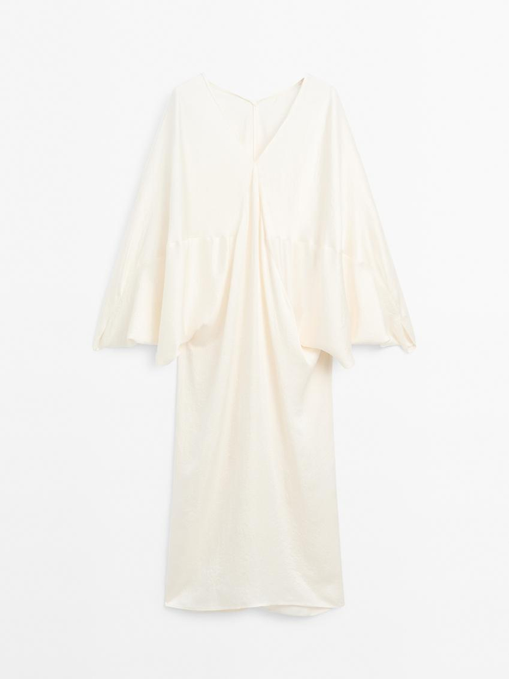 Massimo Dutti Платье-кимоно из струящегося атласа - STUDIO, натуральный, кремовый