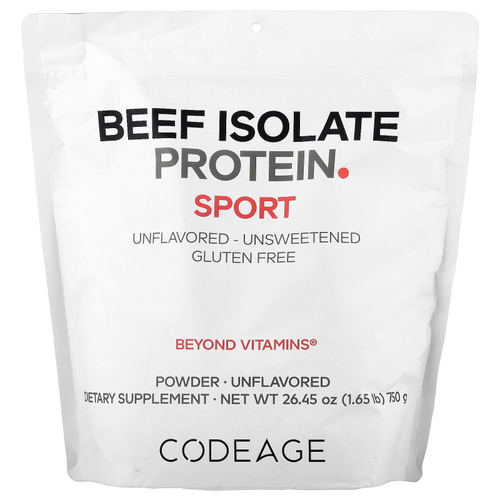 Codeage, Sport, говяжий изолят протеина в порошке, без добавок, 750 г (1,65 фунта)