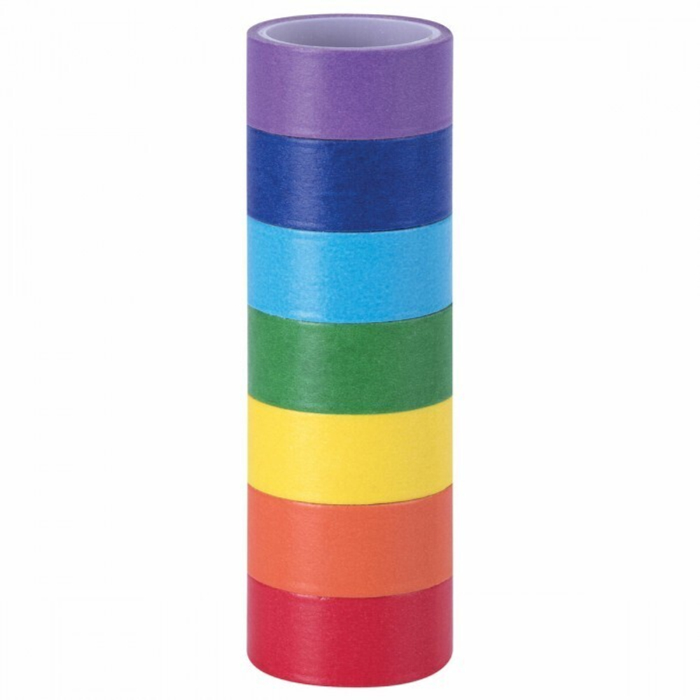 Клейкие WASHI-ленты для декора РАДУЖНЫЕ, однотонные, 15 мм*3 м, 7 цветов, рисовая бумага, ОСТРОВ СОКРОВИЩ