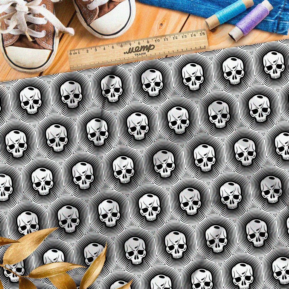 Ткань шифон чёрно-белые печати с черепами