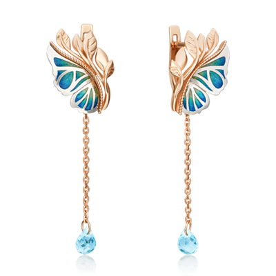 Серьги «Крылья бабочки» (пожелание здоровья) с английским замком из комбинированного золота с топазом и эмалью