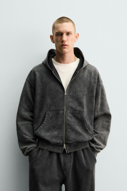 ZARA ТОЛСТОВКА С ЭФФЕКТОМ ПОТЕРТОСТИ НА МОЛНИИ С КАПЮШОНОМ, ТЕМНЫЙ АНТРАЦИТ