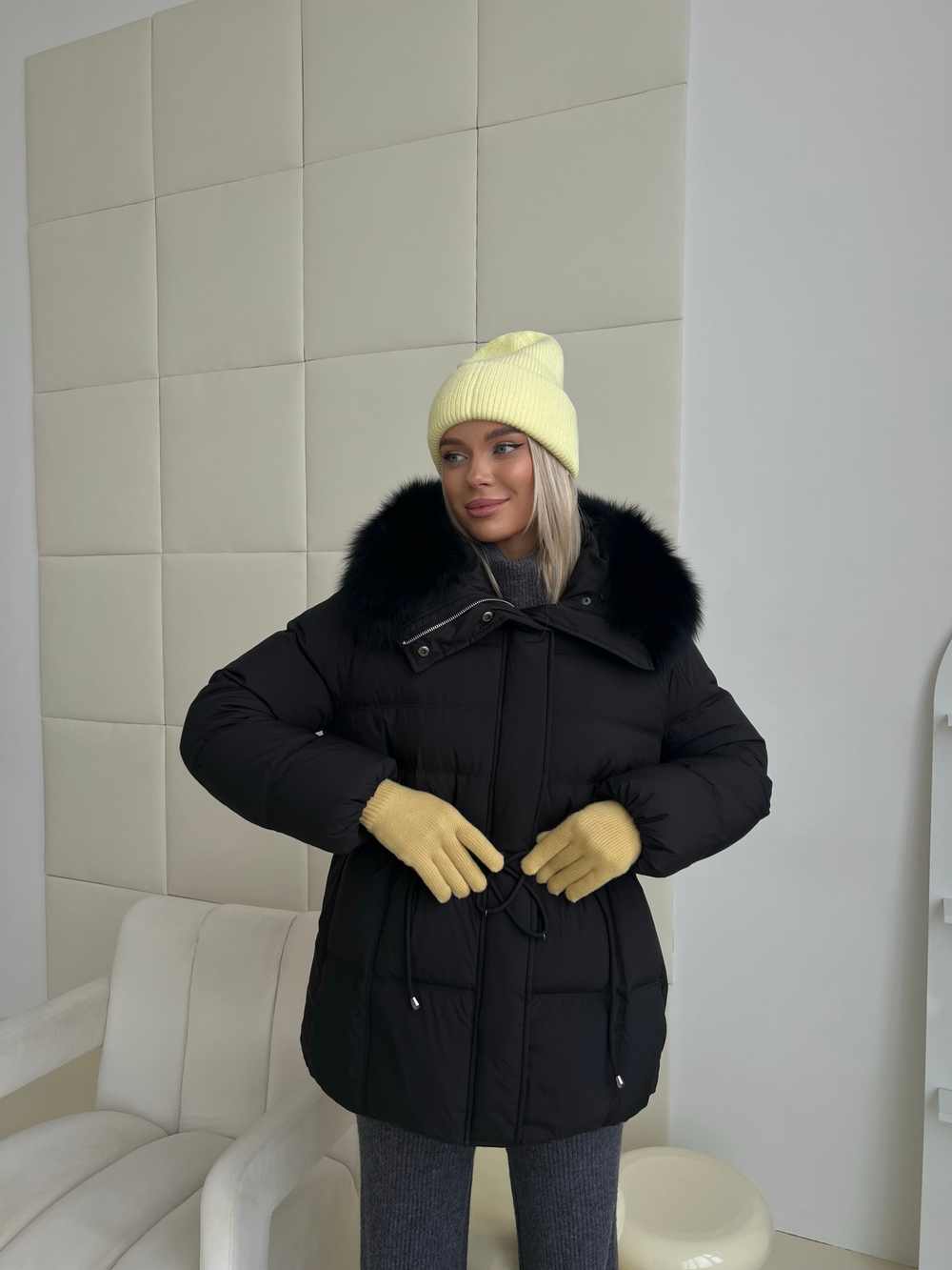 Пуховик Fresh миди с кулиской черный