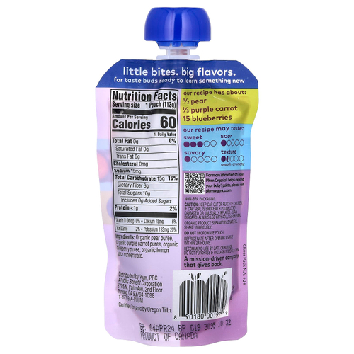 Plum Organics, Органическое детское питание, этап 2, груша, пурпурная морковь и черника, 4 унции (113 г)
