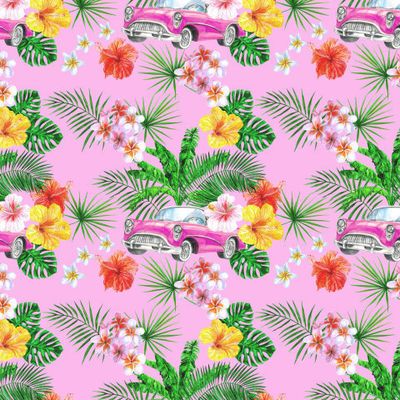 Ретро машина, пальмовые листья и тропические цветы