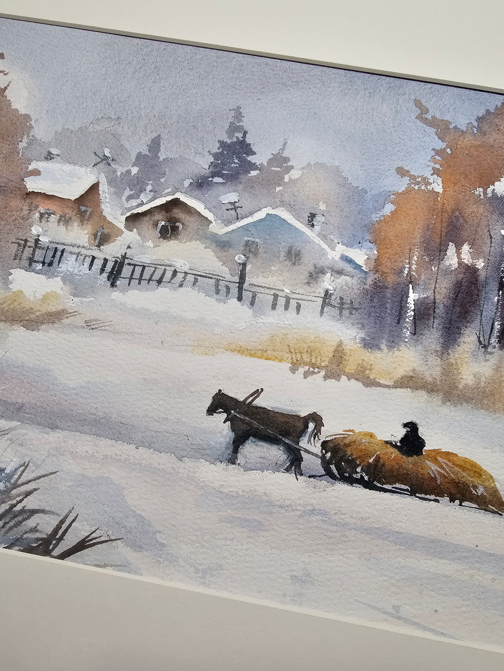 Картина авторская акварельная в паспарту 30х40 см на стену для интерьера "Зима в селе"